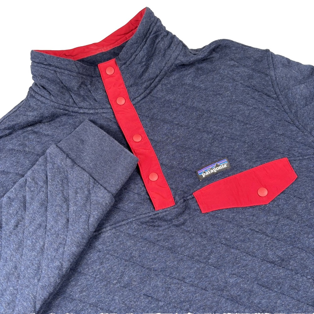 Patagonia Organic Cotton Quilted Snap T Pullover Sweater Large Navy Red Mens
